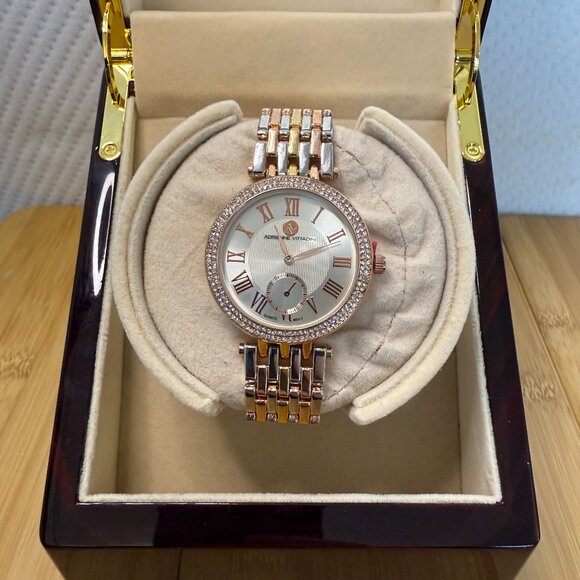 NWT Adrienne Vittadini Rose Gold/Silver/Crystal Ladies' Watch AD8520, 39mm - Picture 1 of 5